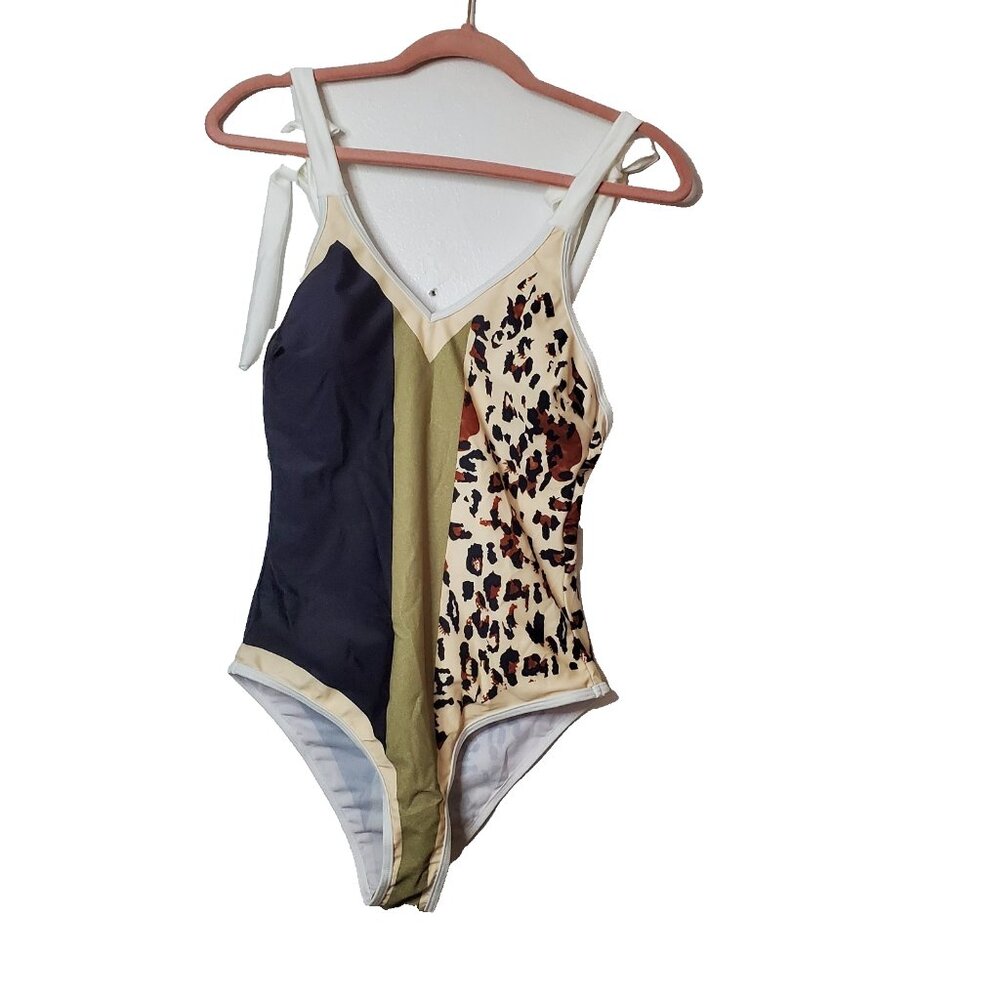 Swimsuit Womens Sz M Green Tan Animal Print  One Piece Tie at Shoulder Bows - Picture 2 of 11